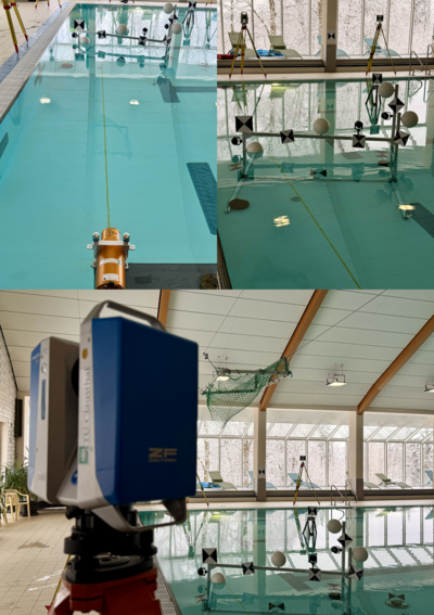 Übersicht des Experiments mit ULi und Blick auf den Aluprofilrahmen (oben links). Der Aluprofilrahmen mit Zielzeichen am Beckenrand (oben rechts). Z+F IMAGER 5016A am Beckenrand des Freizeitbades Clausthal-Zellerfeld (unten).